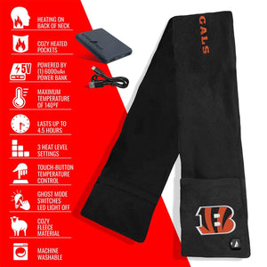 ActionHeat fleece scarf with power bank and feature list including heat settings and machine washable material
