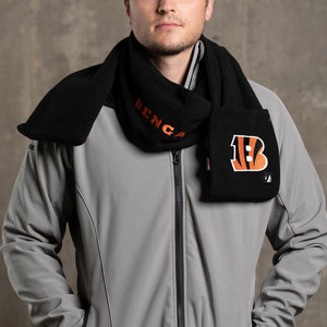 ActionHeat black fleece scarf with Cincinnati Bengals logo and text worn by a man in a grey jacket