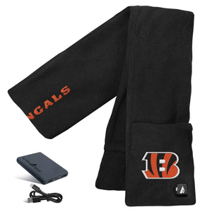 ActionHeat black fleece Bengals scarf with battery pack and charging cable