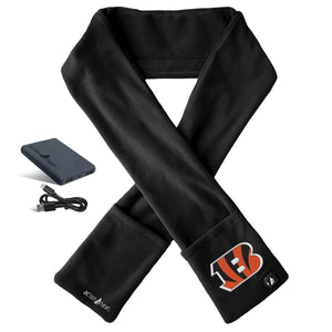 ActionHeat black fleece scarf with Cincinnati Bengals logo battery pack and charging cable
