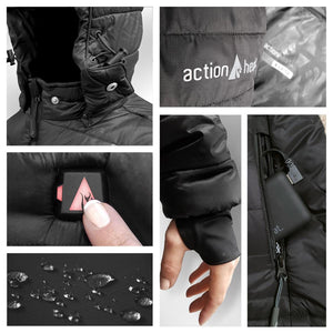 ActionHeat jacket details showing hood, logo, power button, sleeve cuff, battery pack, and water resistant fabric