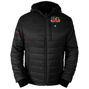 ActionHeat black hooded puffer jacket with Cincinnati Bengals logo
