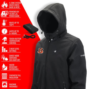 ActionHeat black heated jacket with features list including 4 zone heating and 10000 mAh power bank