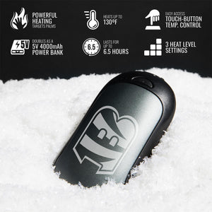 ActionHeat hand warmer with Bengals logo on snow with feature icons