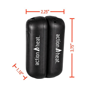 ActionHeat battery pack with dimensions 2.25 inches wide by 3.75 inches high and 1.10 inches deep