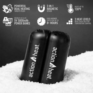 ActionHeat magnetic hand warmers with feature icons and text on snow background