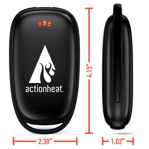 ActionHeat hand warmer showing front and side dimensions of 4.15 inches by 2.30 inches by 1.02 inches