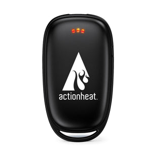 ActionHeat black hand warmer with three orange LED indicator lights