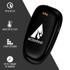 ActionHeat power bank with PD and QC 3.0, 115 degree heat, 3 settings, and 7 hours of battery life