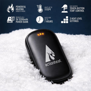 ActionHeat hand warmer in snow with icons showing features like 5200mAh power bank and three heat settings