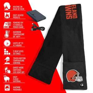 ActionHeat fleece scarf with power bank and feature list including heating settings and machine washable material