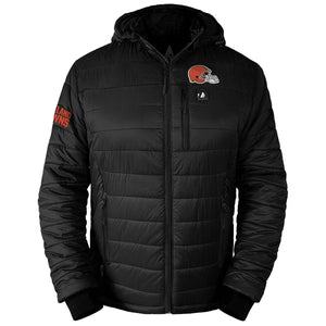 Black Cleveland Browns hooded puffer jacket with team logo on chest