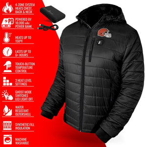 ActionHeat black heated jacket with Cleveland Browns logo and power bank features list