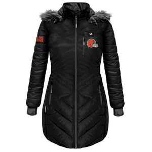 ActionHeat black puffer jacket with Cleveland Browns logo and faux fur hood