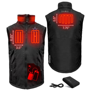 ActionHeat heated vest showing heating element placement and battery pack