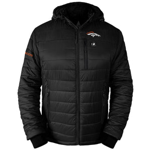 Black Denver Broncos heated puffer jacket with hood and team logo