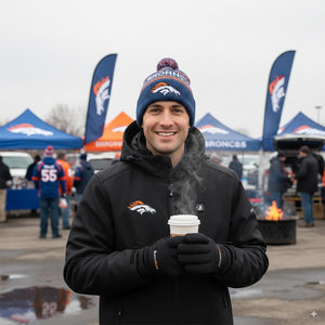 Man wearing ActionHeat jacket and Denver Broncos beanie holding a steaming cup at a tailgate