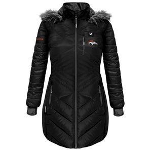 Black ActionHeat Denver Broncos heated puffer jacket with faux fur hood