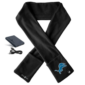 ActionHeat black fleece scarf with Detroit Lions logo battery pack and charging cable