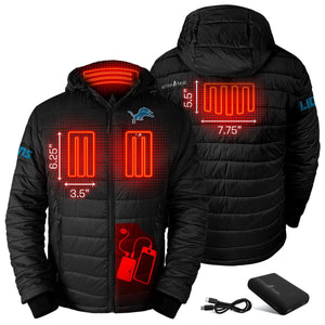 ActionHeat Detroit Lions heated jacket showing internal heating elements and battery pack