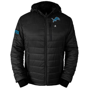 ActionHeat black hooded puffer jacket with Detroit Lions logo
