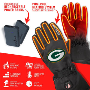 ActionHeat heated gloves with Green Bay Packers logo and two rechargeable power banks