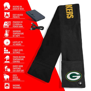 ActionHeat fleece scarf with Green Bay Packers logo and feature list including power bank and heat settings