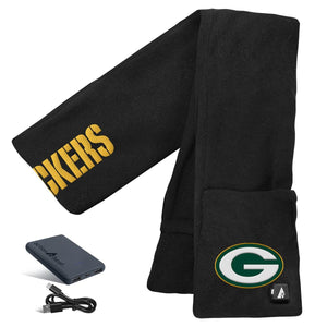 ActionHeat Green Bay Packers heated fleece scarf with battery pack and charging cable