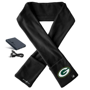 ActionHeat black fleece scarf with Green Bay Packers logo battery pack and charging cable