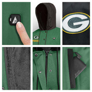 Green Bay Packers heated jacket details showing power button, team logo, fleece lining, and battery pack