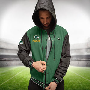 Man wearing a green and black ActionHeat Green Bay Packers hooded varsity jacket
