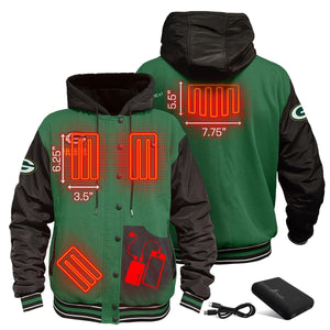 ActionHeat Green Bay Packers heated varsity jacket showing heating element placement and battery pack