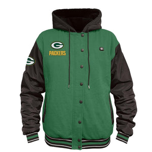 Green Bay Packers varsity style hooded jacket with snap buttons and striped cuffs