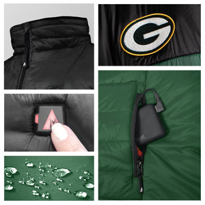 ActionHeat jacket features including Green Bay Packers logo, power button, battery pack, and water resistant fabric