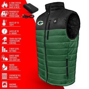 ActionHeat Green Bay Packers heated vest with power bank and feature list