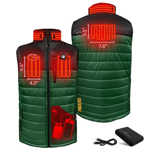 ActionHeat Green Bay Packers heated vest with heating element dimensions and power bank