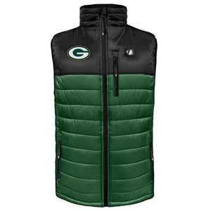 Green Bay Packers black and green puffer vest with front zipper and team logo
