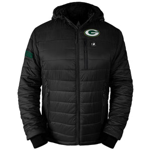 Black Green Bay Packers hooded heated puffer jacket with front zipper and chest logo
