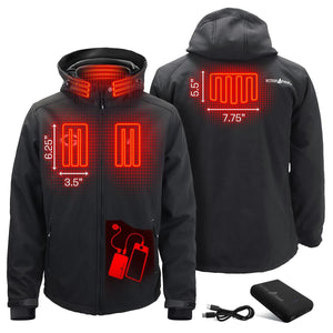 ActionHeat black heated jacket showing heating element locations and dimensions with included power bank and cable