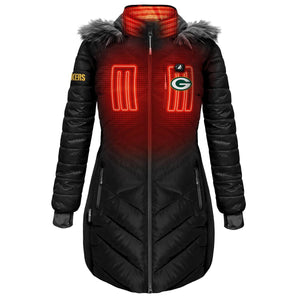 ActionHeat Green Bay Packers heated black puffer jacket with faux fur hood