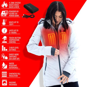 ActionHeat white jacket with 4 zone heating system and power bank features listed