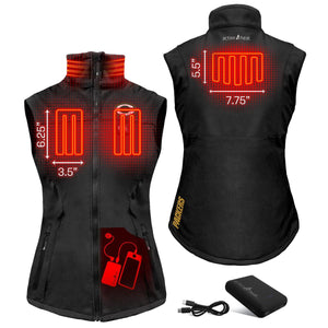 ActionHeat heated vest showing heating element placement and dimensions with battery pack and charging cable