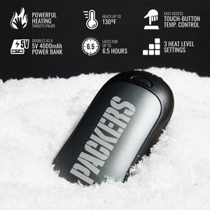 ActionHeat hand warmer with Packers logo on snow showing heating features and battery specifications