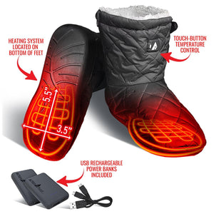 ActionHeat heated booties with heating elements shown on soles and USB rechargeable power banks