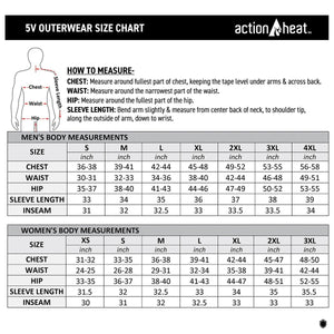 ActionHeat 5V outerwear size chart with measurement instructions for men and women