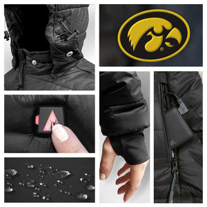 Details of black heated jacket featuring Iowa Hawkeyes logo, battery pack, and water resistant fabric