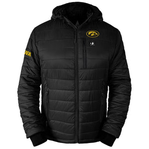 ActionHeat black hooded puffer jacket with Iowa Hawkeyes logo
