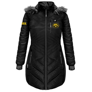 Black ActionHeat Iowa Hawkeyes heated puffer jacket with faux fur hood