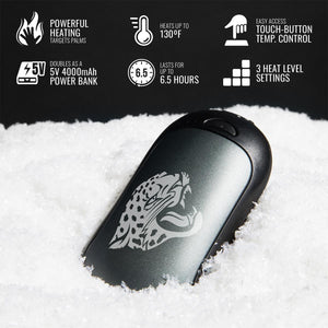 ActionHeat hand warmer features including 130 degree heat 6.5 hour battery life and 3 heat settings