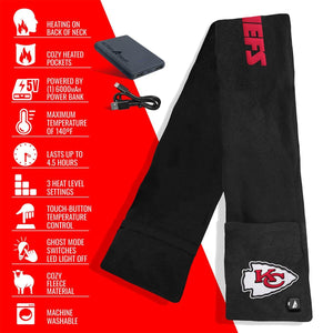 ActionHeat fleece scarf with power bank and feature list including heating settings and machine washability